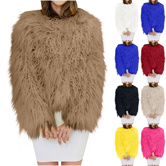Hueook Faux Fur Women's Winter Solid Color Casual Extended Warm Jacket Blue L