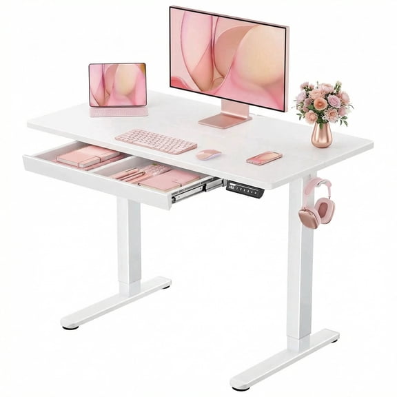Kyspho Electric Standing Desk with Built-in Drawer, 44" x 24" Adjustable Height Computer Desk, 4 Memory Presets for Home Office, White