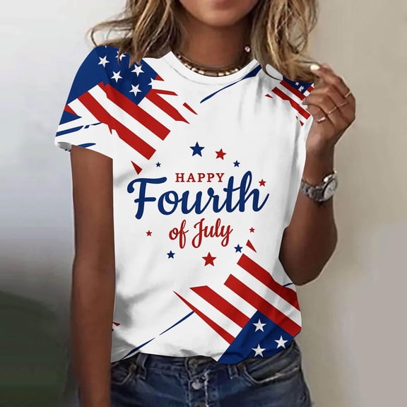 Goodtrade8 Short Sleeve Plus Size T Shirts for Women American Red White and Blue Pullover Graphic Red White and Blue , July 4th Casual Crew Neck Fashion Womens Tops Independence Day
