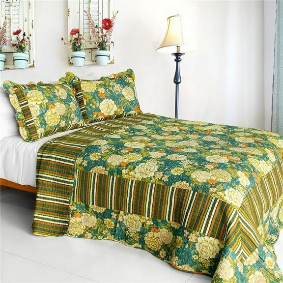 Vintga Style - Cotton 3 Pieces Vermicelli-Quilted Patchwork Quilt Set  Full & Queen Size - Blue