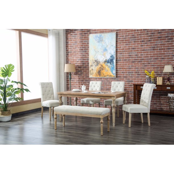 Roundhill Habitanian 6 Piece Dining Set White Wash Turned Legs Dining Table With 4 Tan Button Tufted Chairs And 1 Bench Walmart Com Walmart Com