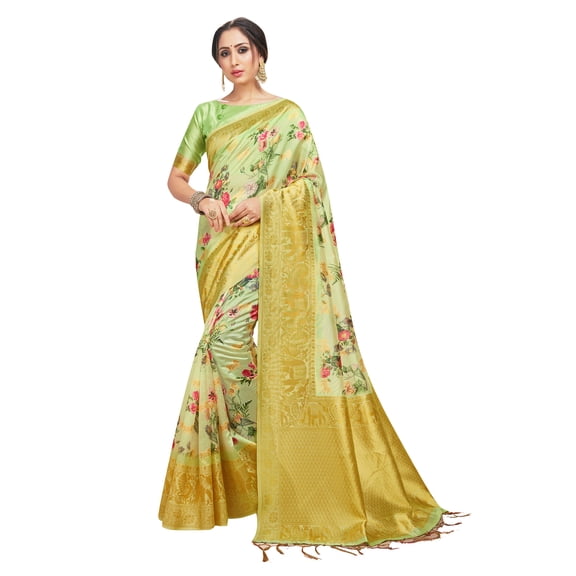 Sarees for Women Banarasi Art Silk Digital Print Sari with Zari Resham Woven Border - Indian Gift Saree & Unstitched Blouse