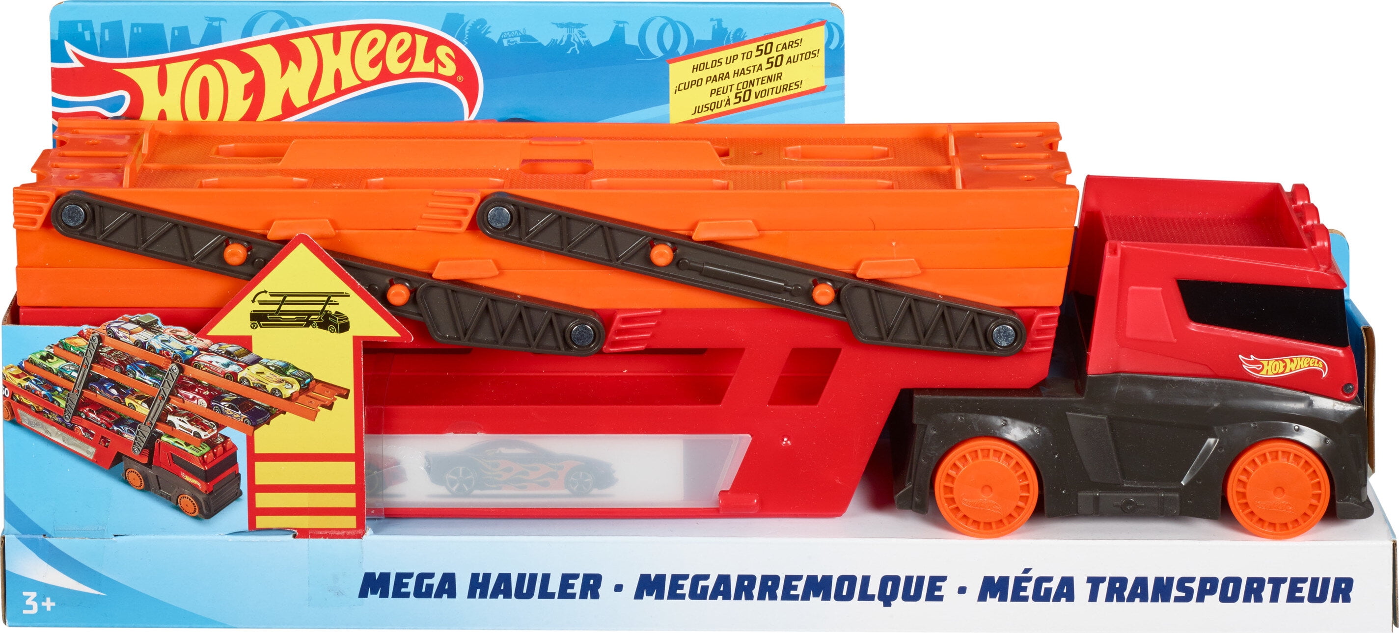 Hot Wheels Playset with Hw MEGA Hauler Toy Truck & 1:64 Scale Car, Stores  50+ Vehicles, Expands to 6 Levels