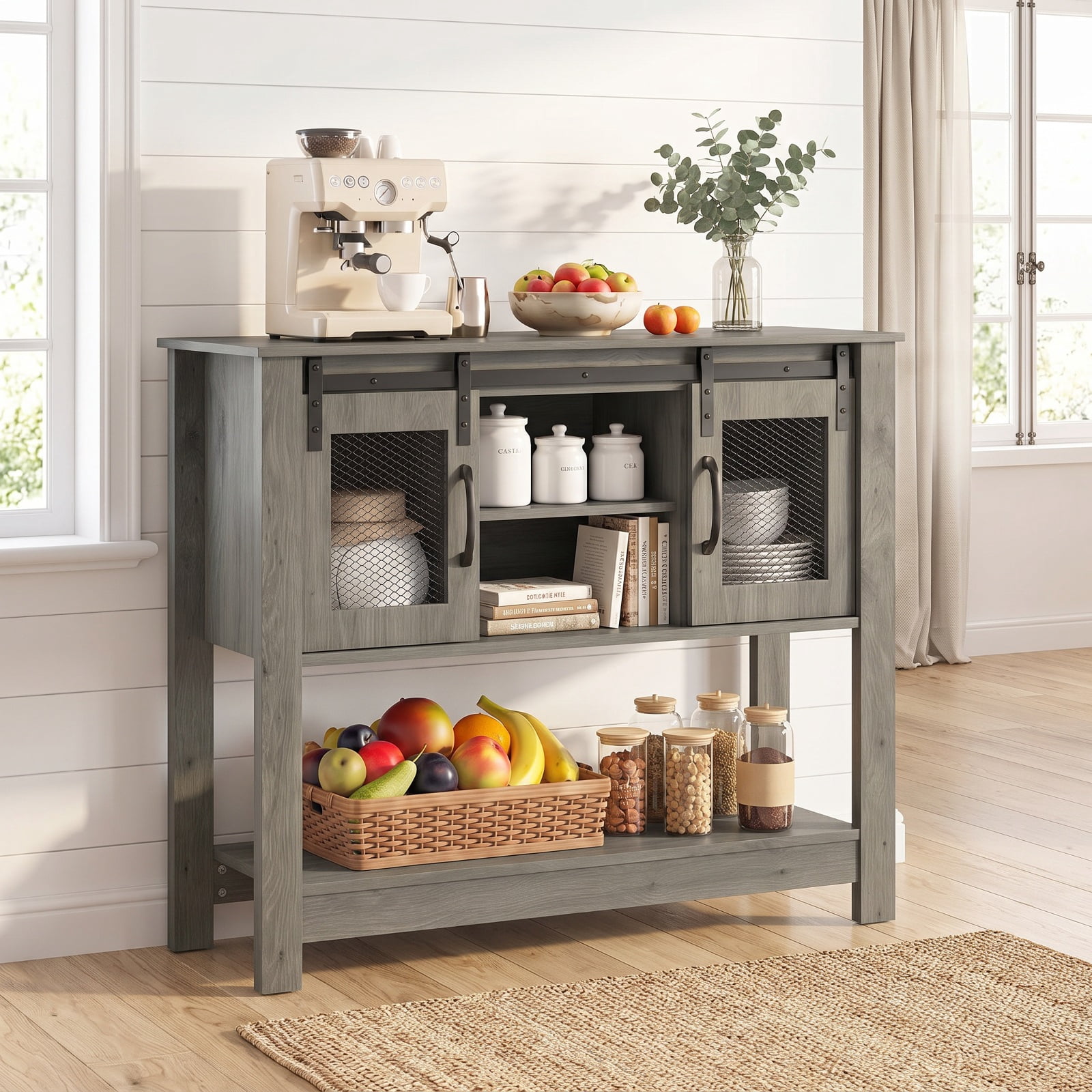 Furnibear 40 Inch Narrow Console Table with Sliding Barn Doors and Storage Cabinets for Entryway Hallway and Behind Couch, Rustic Brown