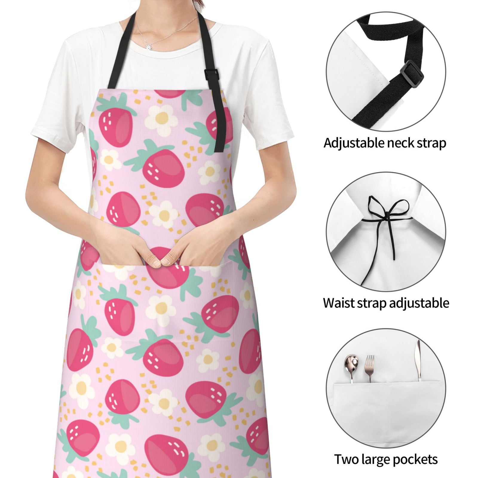 Kdxio Floral Strawberr Apron with Pockets Adjustable Kitchen Aprons for Men Women Waterproof Aprons for Cooking,Drawing,Crafting, Baking Household Cleaning
