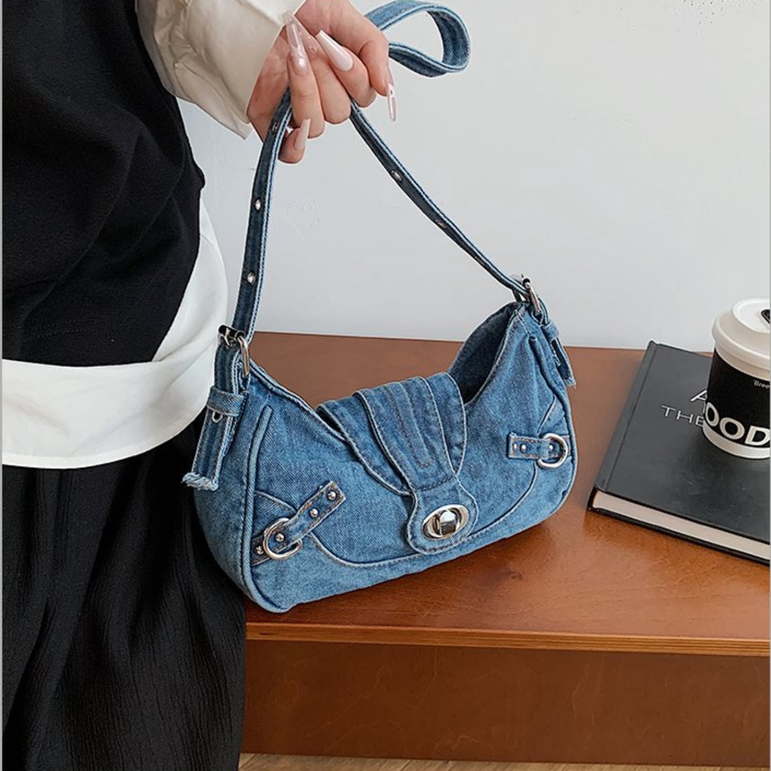 Women's Denim Crescent Shoulder Bag - Y2K Vintage Hobo Handbag, Trendy Mini Crossbody Purse for Girls, Casual Satchel with Adjustable Strap