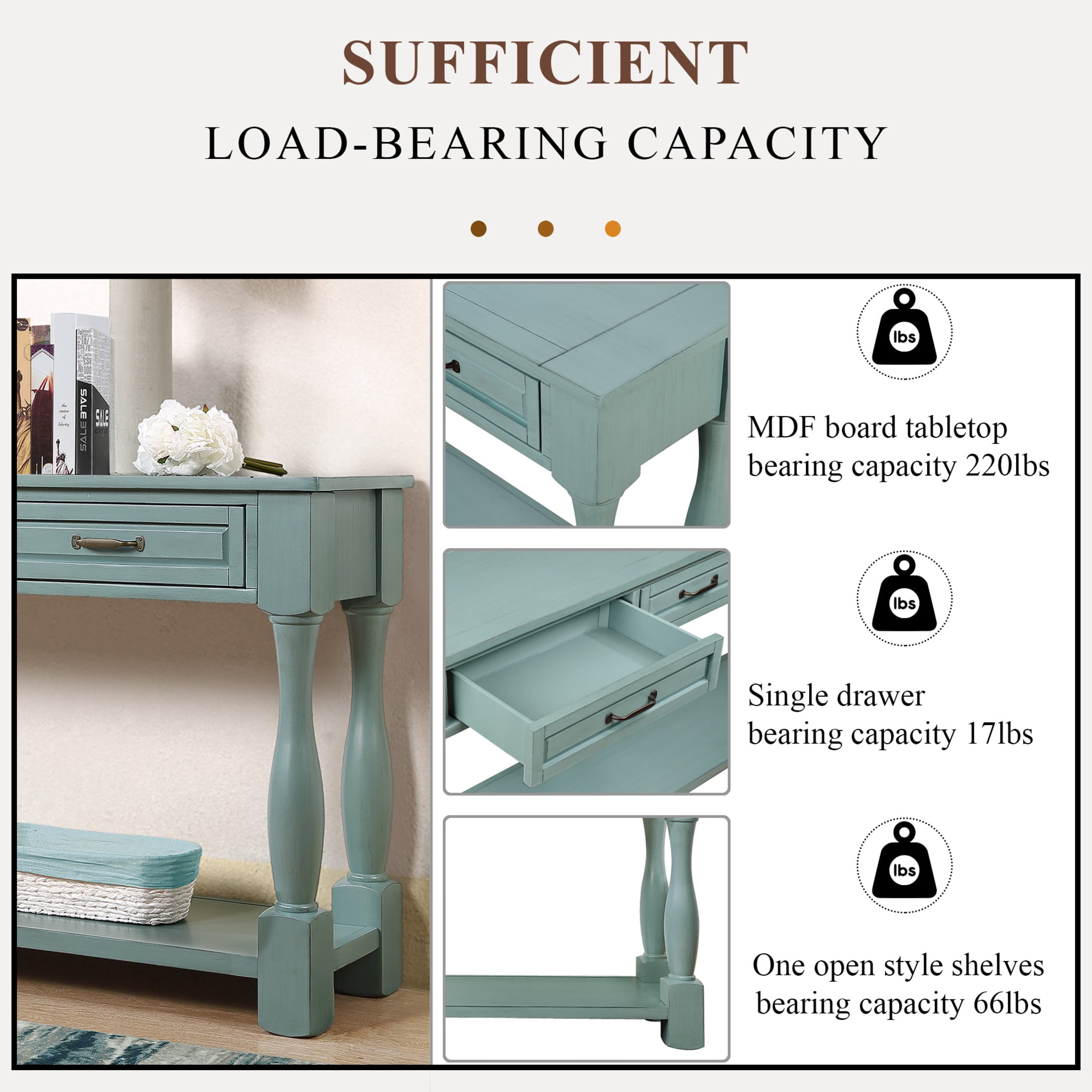 Noble House Adelaide 63" Console Table, Solid Wood Frame Mid-Century Entryway Storage, Retro Blue