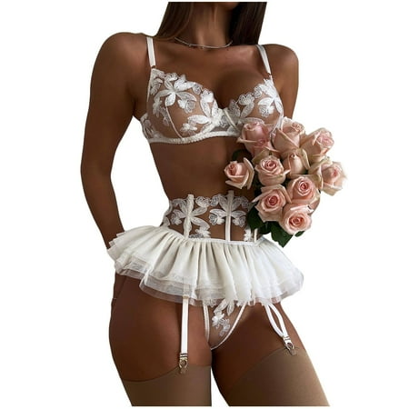

DORKASM Women 3 Piece Lingerie Sets Mesh Ruffle Sexy Floral Bra and Panties Set with Garter White L