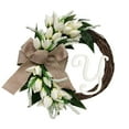thumbnail image 2 of White Tulips Monogram Initial Front Door Wreath 14.5inch Rattan Wreath with Jute Bow White Letters Decorative Farmhouse Style Rustic Door Decor for Wedding Party, Mother' S Day & Father's Day, 2 of 6