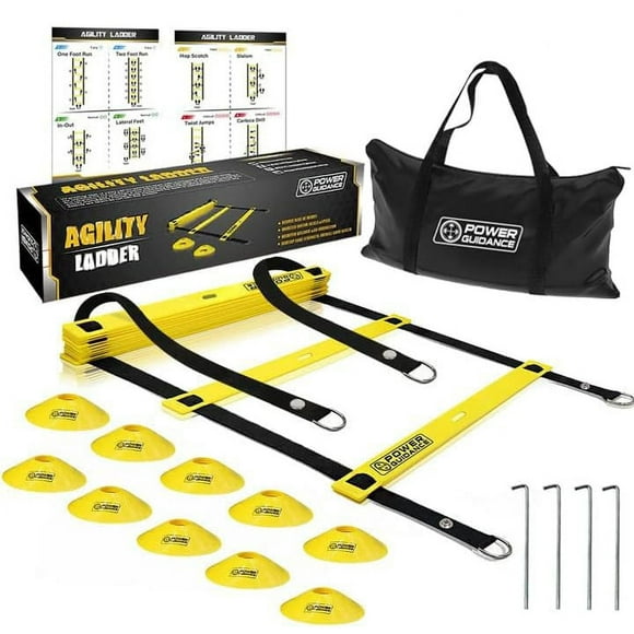 POWER GUIDANCE Agility Ladder (20 Ft) for Speed Agility Training & Quick Footwork Exercise - with 12 Plastic Rungs 4 Pegs Carry Bag & 10 Sports Cones (Yellow)