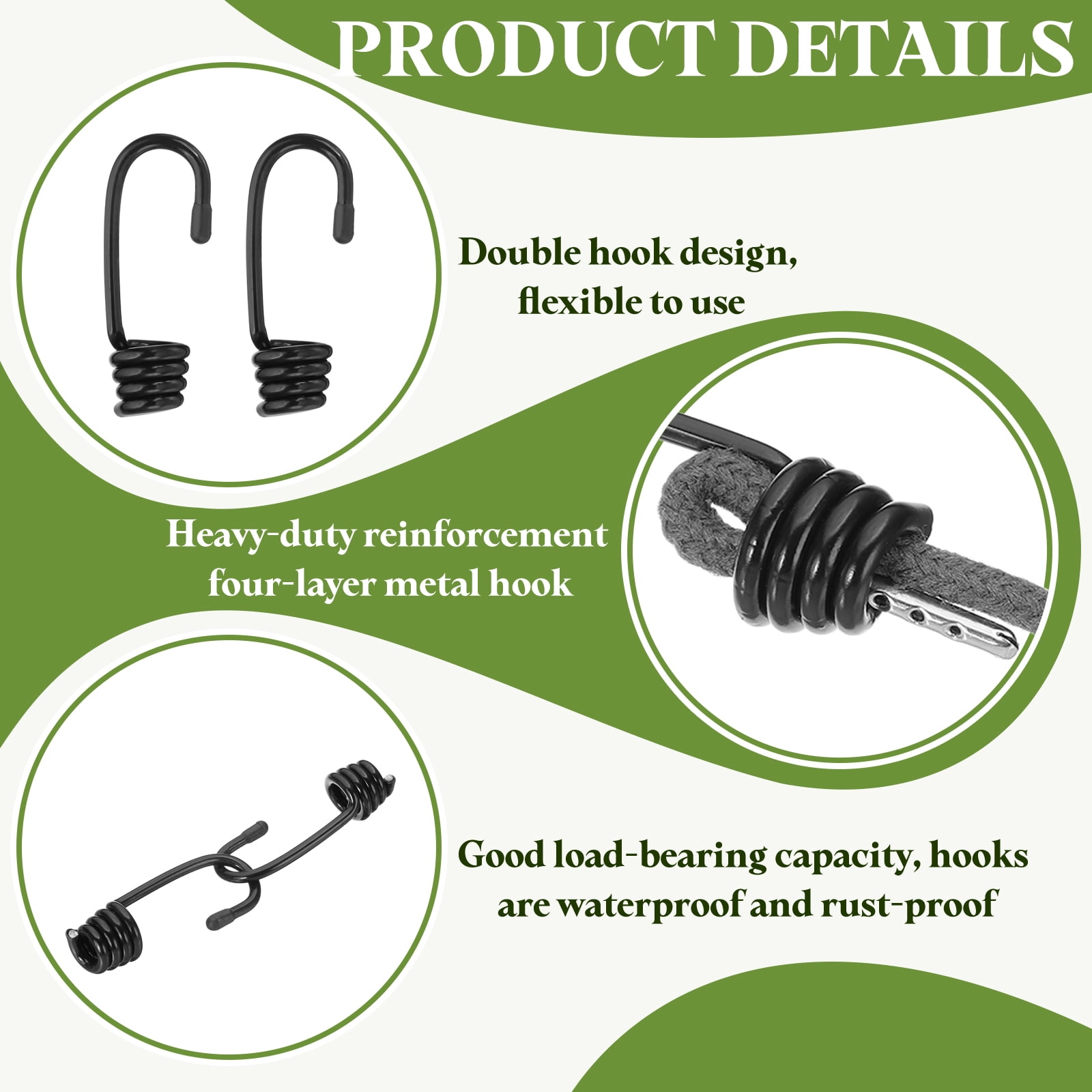3/8"(9mm) Bungee Cord Hooks, Heavy Bungee Shock Cord Hook Spiral Wire Hooks End, Black 20 Pcs