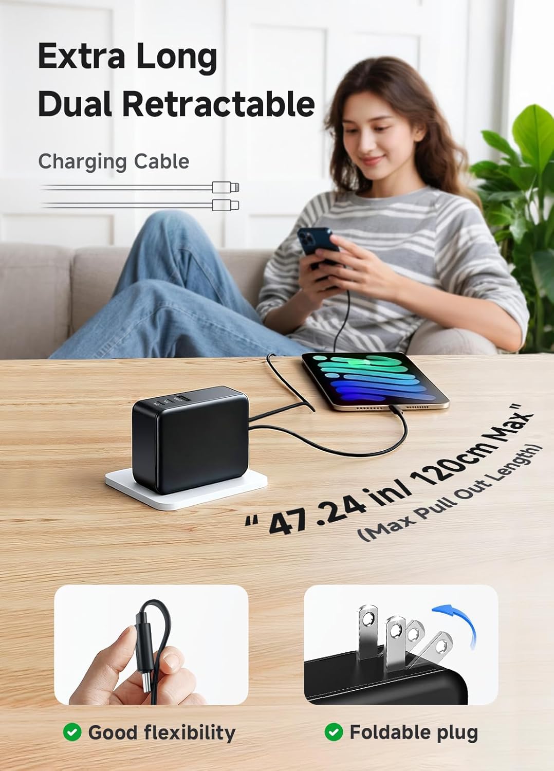 Retractable Phone Charger, 65W Type C Fast Charger with 3.9ft Dual Cables and Three Ports, 5-in-1 Retractable USB C Charger with Foldable Plug for Home/Travel/Office