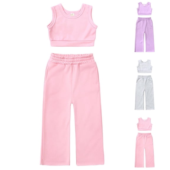 Eltusu Girls Outfit Sets, Solid Color Elastic Waistband Sleeveless Tops with Pants Sets Pink Size 7 T