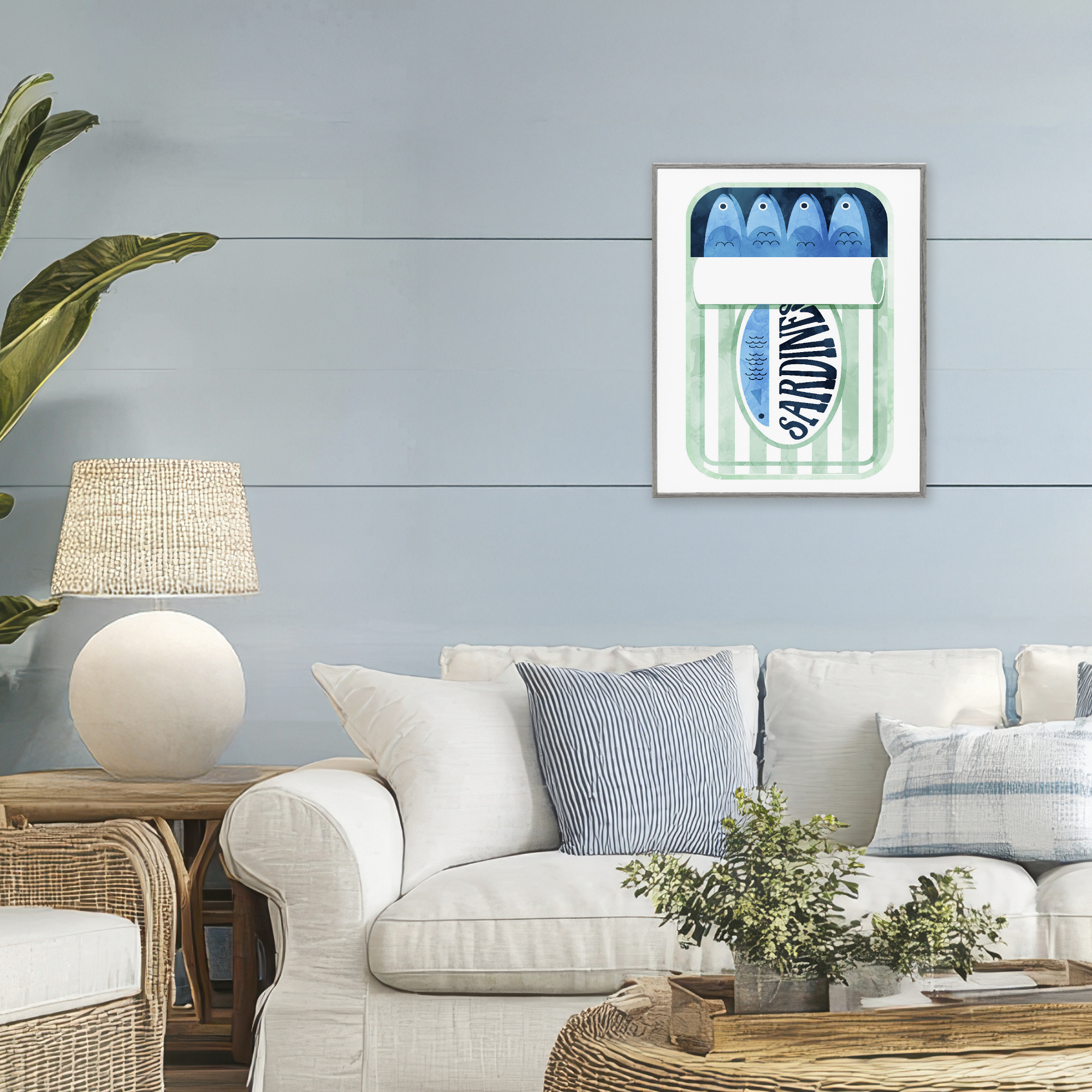 Green Stripe Sardine Tin Gray Framed Giclee Art, design by Daphne Polselli