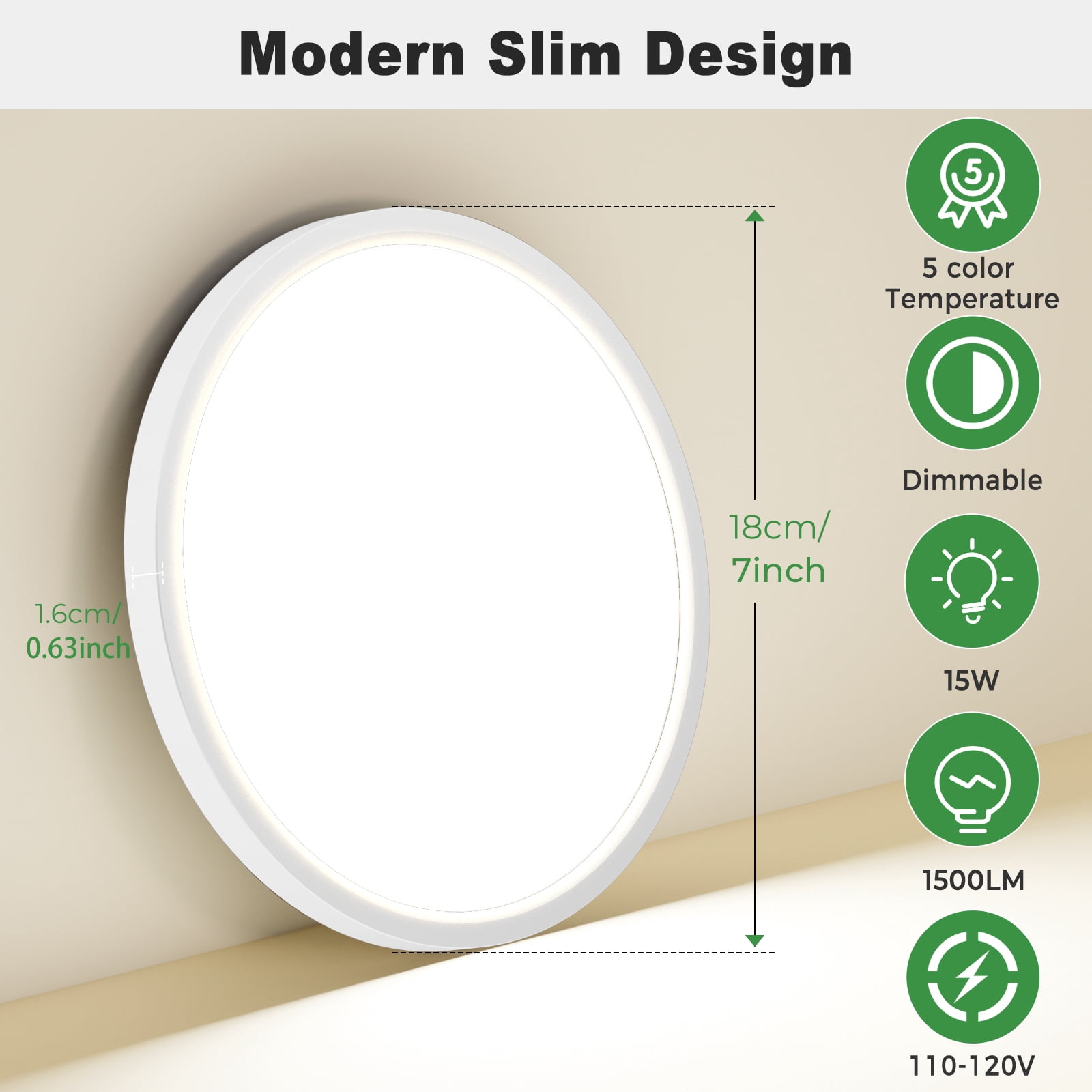 HOVMAP LED Flush Mount Ceiling Light Fixture, 7Inch 15W, Dimmable& 5CCT Adjustable Low Profile Ceiling Lights, 1500LM Round Lamp for Bathroom, Closet, Kitchen, Hallway, White, White