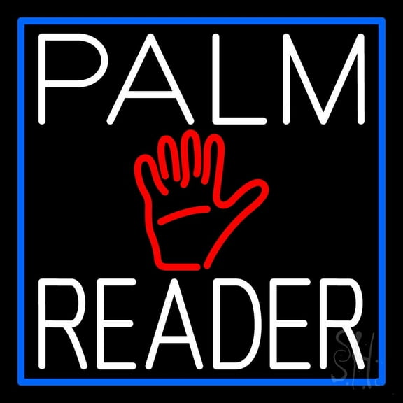 White Palm Reader With Blue Border LED Neon Sign 16" Tall x 16" Wide - inches Black Square Cut Acrylic Backing, with Dimmer - Bright and Premium built indoor LED Neon Sign for Storefront.