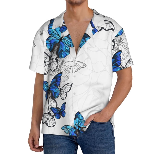 Fotbe Blue Flying Butterflies Camisa Estampada de Manga Corta para Hombre, Casual de Verano, Estilo Playero, Sin Arrugas-X-Large