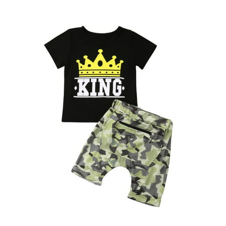 Newest Fashion Toddler Baby Kid Boys Summer KING Tops T-shirt Camo Pants Outfits Set Clothes