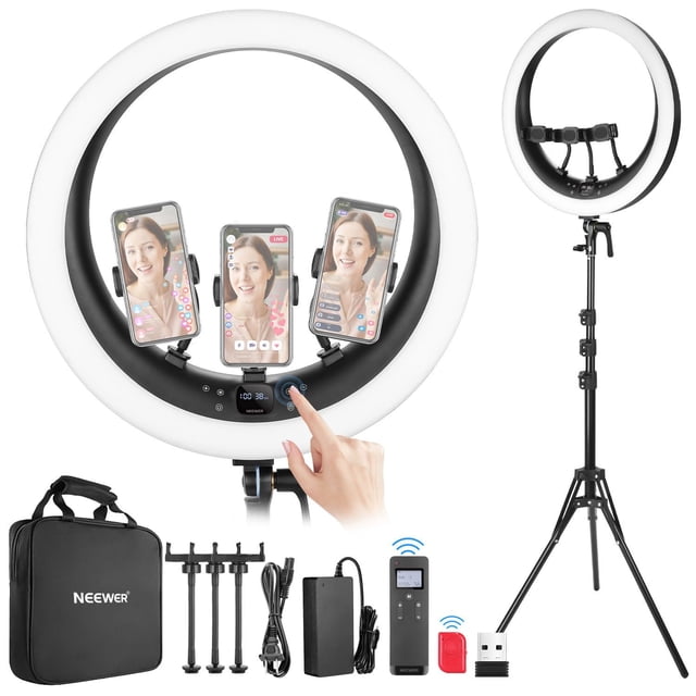 Ring Light Neewer RP19H de 19 pulgadas con soporte, 3 soportes para teléfono