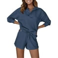 thumbnail image 1 of Timegard 2 Piece Lounge Outfits for Women Lapel V Neck Long Sleeve Tops Drawstring Short Pants Solid Color Sets, 1 of 5