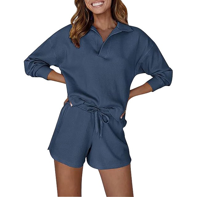 Timegard 2 Piece Lounge Outfits for Women Lapel V Neck Long Sleeve Tops Drawstring Short Pants Solid Color Sets