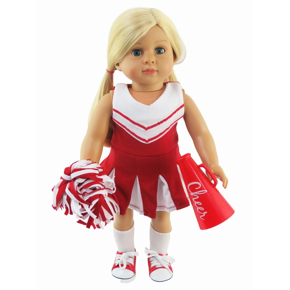 Red Cheerleader Outfit with Pom Poms For 18 Inch Dolls