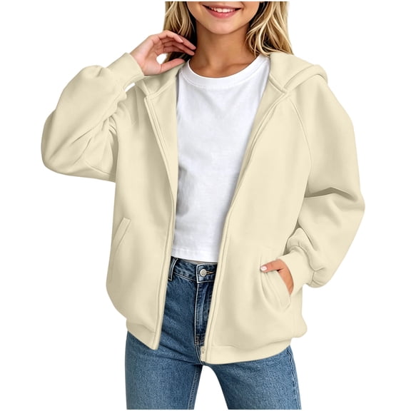 Atogsazn Kids Girls Fleece Hoodies Childrens Casual Full Zip Long Sleeve Hooded Sweatshirt Fall Winter Clothes Tops Beige 9-10 Years Fashion