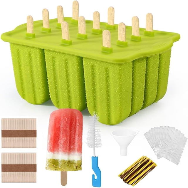 Molde para Paletas de Hielo 12 Cavidades, Molde Paleta Hielo de Silicona, Bandejas de Helados Reutilizables, Juego de Moldes sin BPA con Cepillos, Palos
