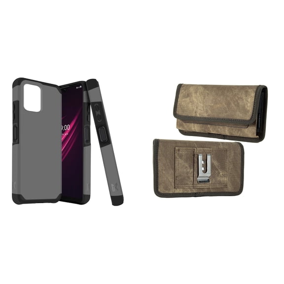 Case and Pouch Bundle for REVVL 6 5G: Dual Layer Slim Case (Grey) and Rugged Denim Nylon Belt Holster (Tan Brown)