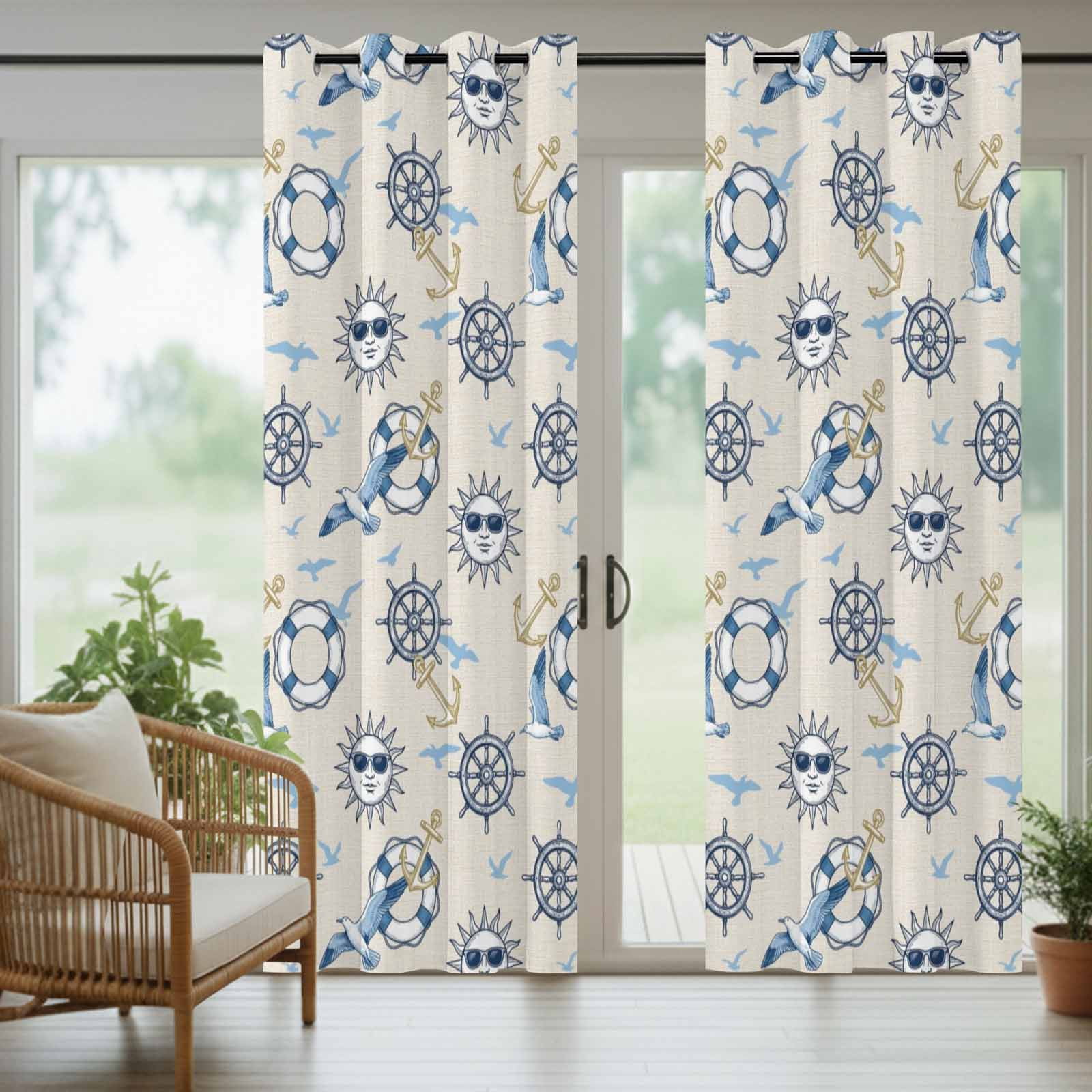 Summer Nautical Outdoor Curtains for Patio, Cartoon Sun Coastal Anchor Rudder Cute Seagull Retro Sunshade Privacy Drapes Grommet Waterproof Outside Curtains for Porch Balcony 54"x 108", 1 Panel