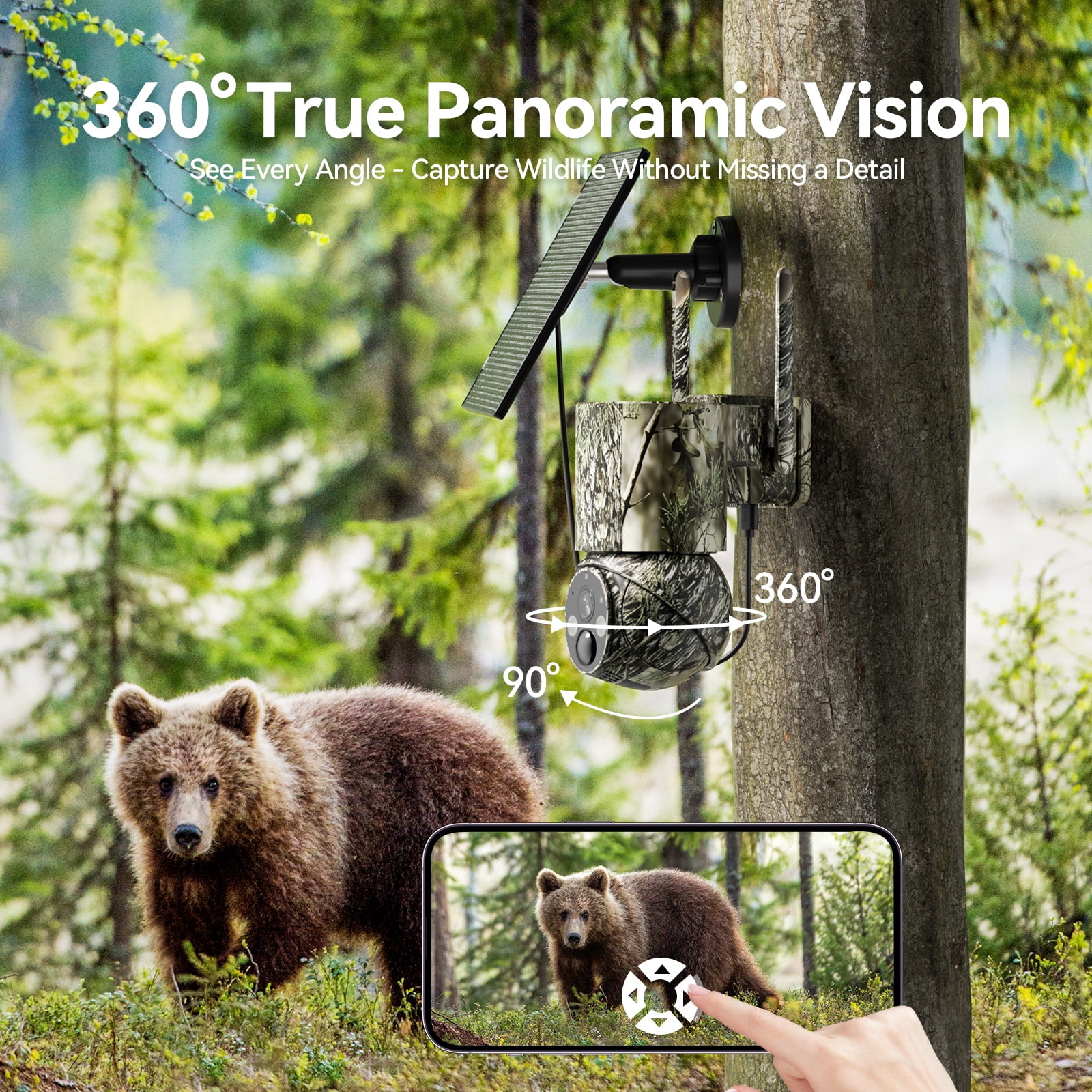 4G Solar-Powered LTE Cellular Trail Camera , Color Night Vision, 2-Way Talk, 1920P UHD, 360°True Panoramic Vision, SD Card/Cloud storage, PIR Detection, Instant Alerts, Instant Communication