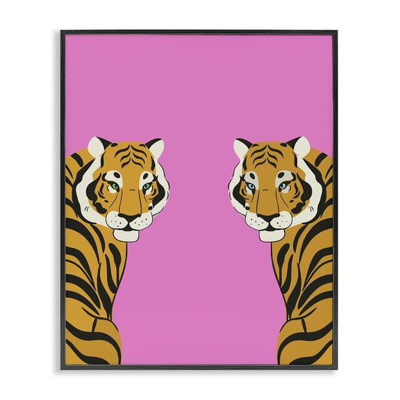 Stupell Industries Bold Mirrored Tigers on Pink Animals Painting Black Framed Art Print Wall Art, 11 x 14