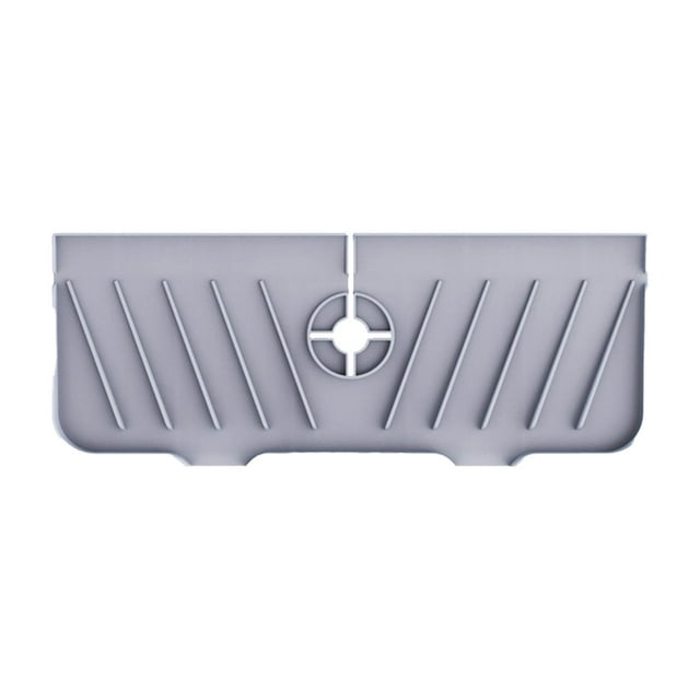 EGNMCR Storage Containers, Kitchen Storage & Organization Sink Faucet Mat Sink Splashing Guard Draining Pad Faucet Water Catcher Mat for Kitchen & Bathroom. A gray silicone sink mat with a slope-style design, angled drainage grooves, and a central cutout for faucet placement, measuring 35x14x0.8cm. Designed to keep countertops dry and organized, it can also hold small items like toothbrushes or dish soap, making it versatile for kitchen and bathroom use.