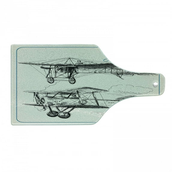 Airplane Cutting Board, Classic Nostalgic Planes Aircraft Propeller in the Sky Fast Travel Wings Sketch, Tempered Glass Cutting and Serving Board, Wine Bottle Shape, Blue Black, by Ambesonne