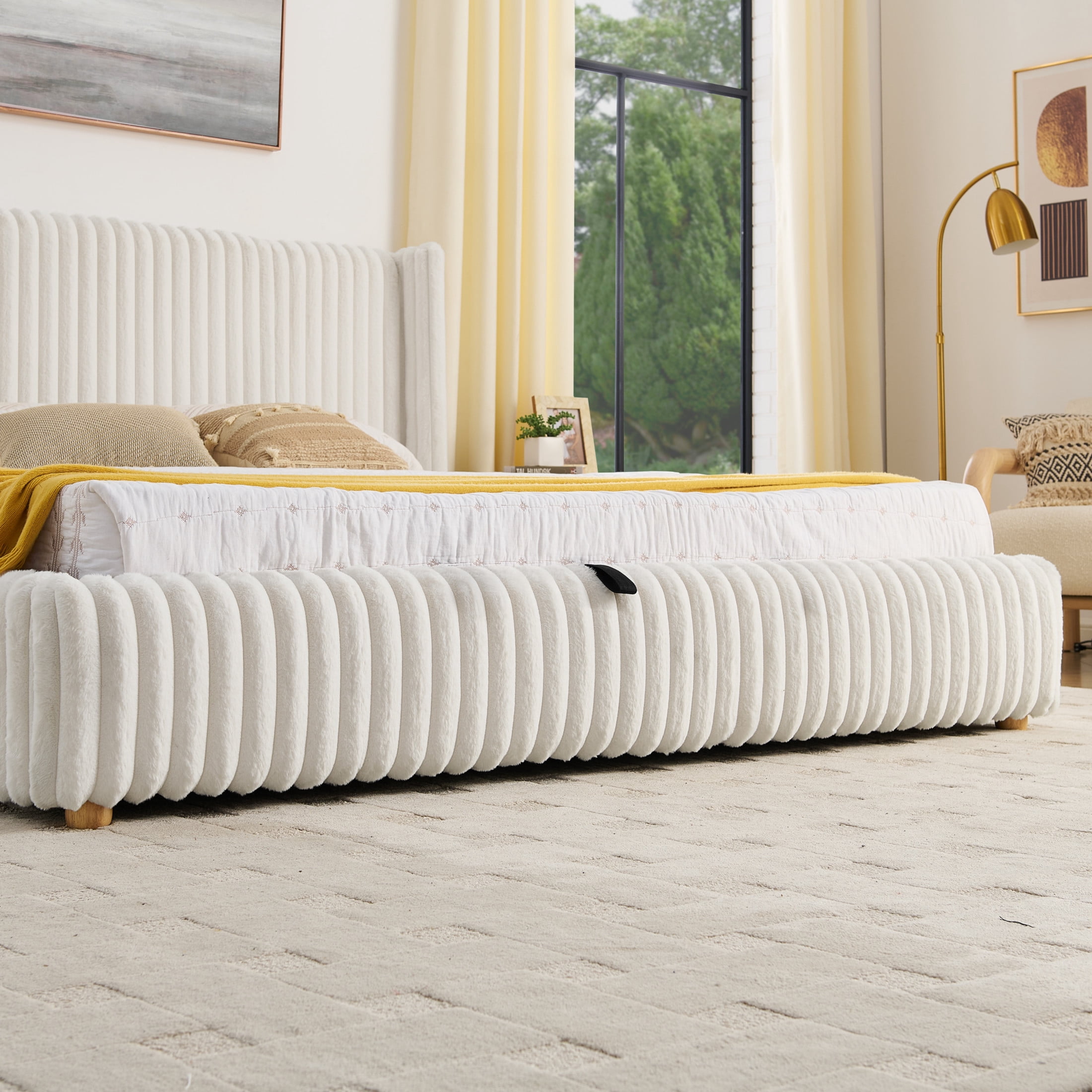Noble House Renton King Size Platform Bed, Fluffy Faux Rabbit Fur Fabric Bed with Under-Bed Storage System, Beige
