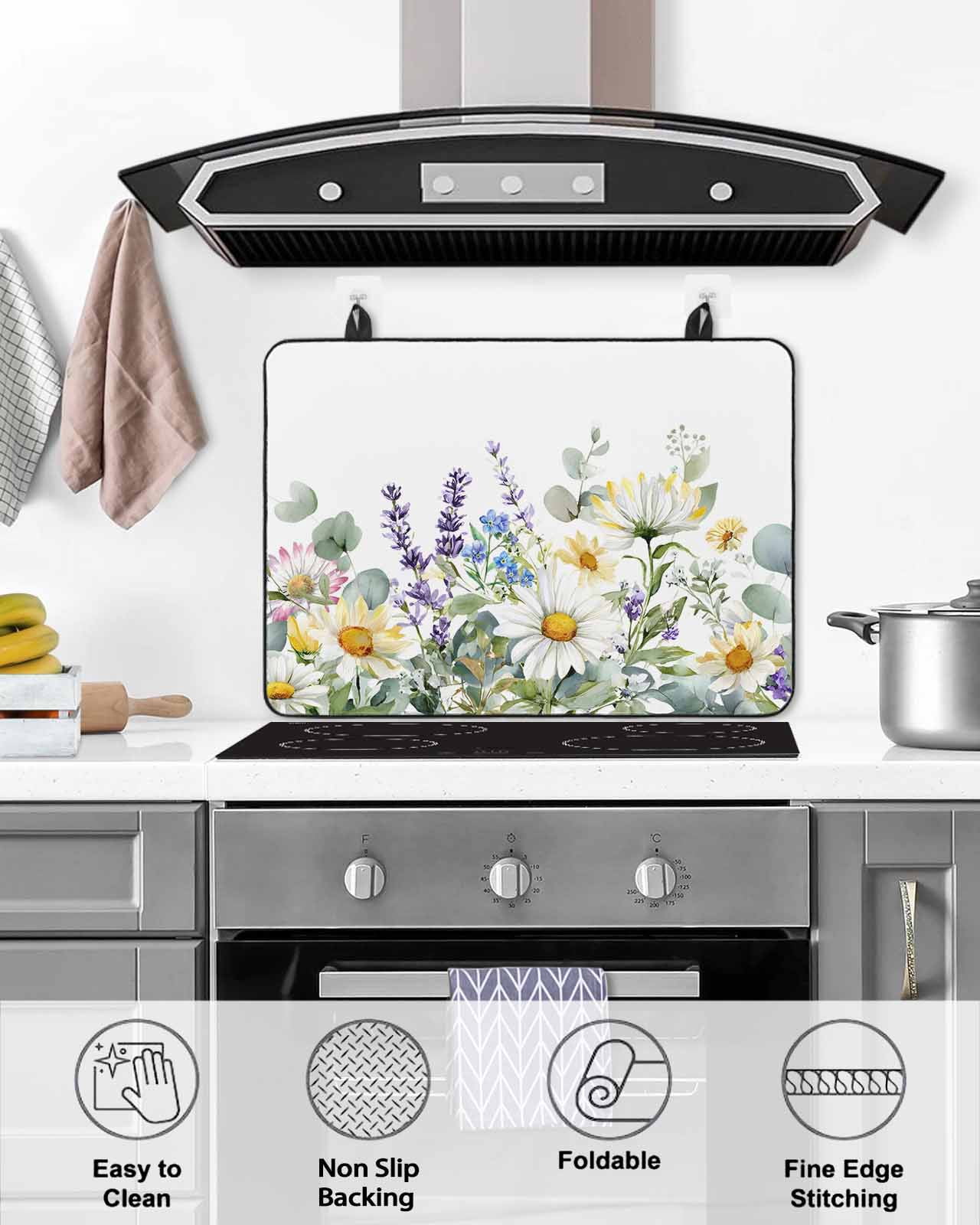 Large Induction Cooktop Protector Mat Spring Daisy Stove Top Covers for Electric Stove, Country Botanicala Flowers Eucalyptus Trees Decorative Stove Burner Cover Mats, Glass Top Stove Cover