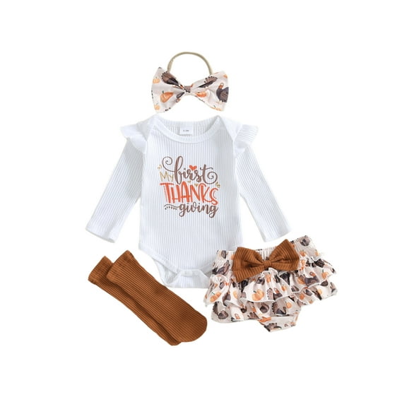 BemeyourBBs Baby Thanksgiving Outfit Romper Skirt Stockings Headband 4 Pcs Set