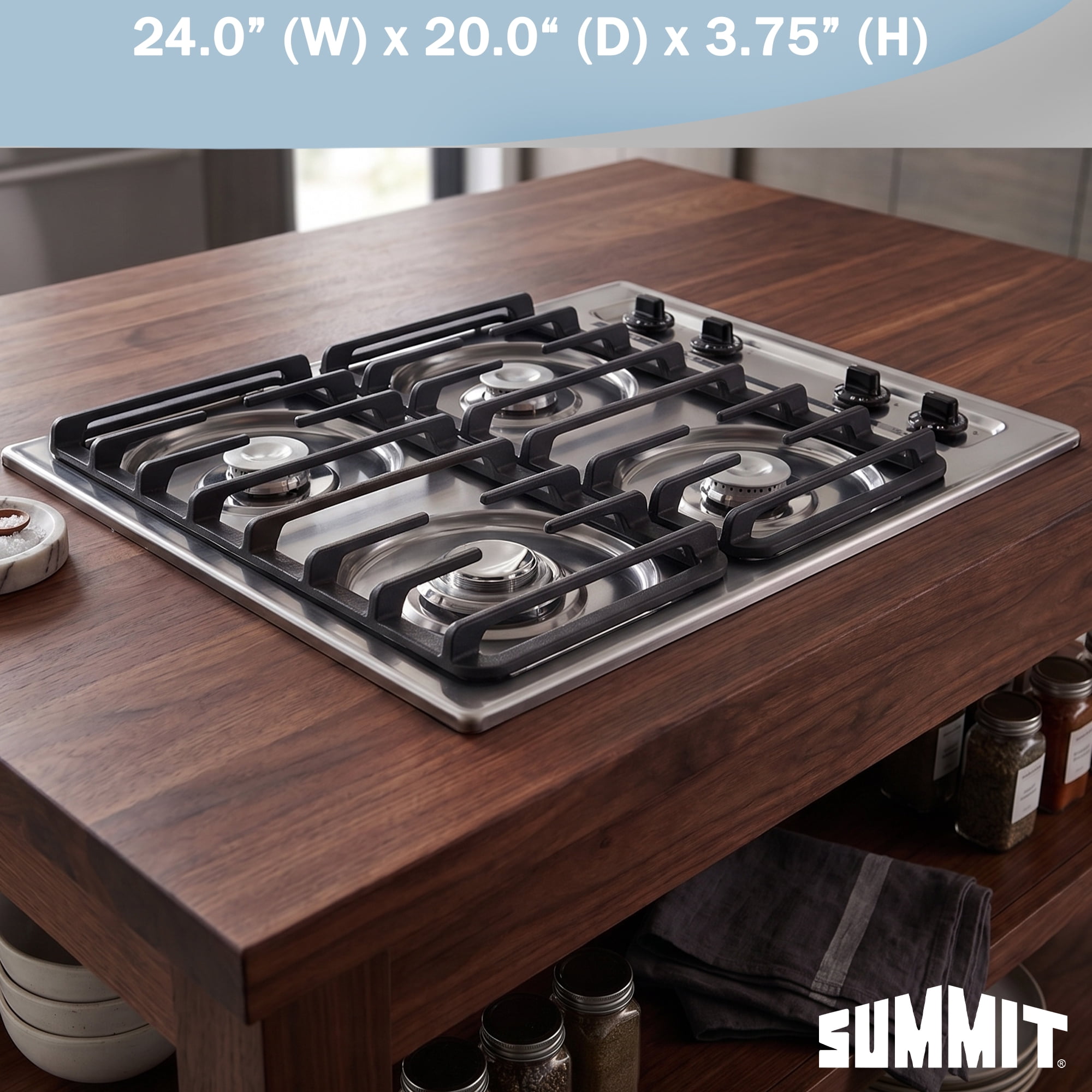 Summit 24 Inch Gas Cooktop, 4 Burners, Electric Ignition, 115V-3 Gas Cooktop, Made in the USA, Stainless Steel - ZNL033I