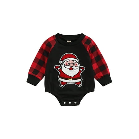 

0-18M Baby Girls Boys Christmas Romper Deer/Santa Embroidery Plaid Patchwork Long Sleeve Jumpsuits