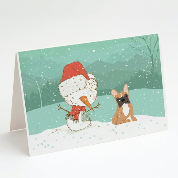 Fawn French Bulldog Snowman Christmas Greeting Cards and Envelopes Pack of 8