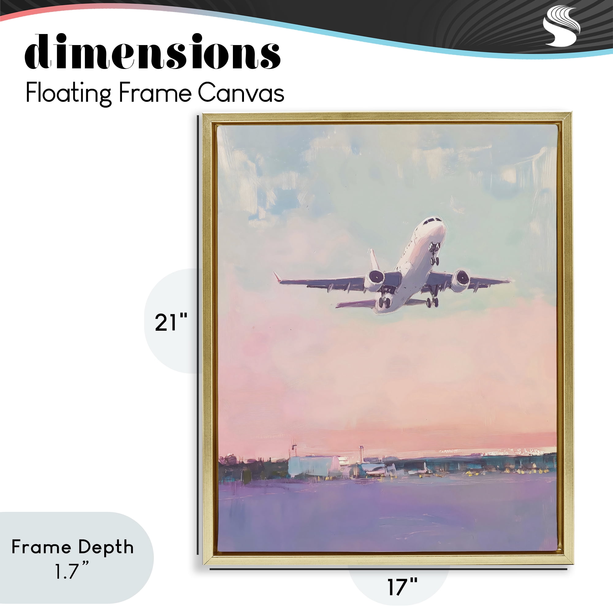 Stupell Industries Airplane Takeoff into Pastel Skies Gold Framed Floater Canvas Wall Art, design by The Prints Vibe