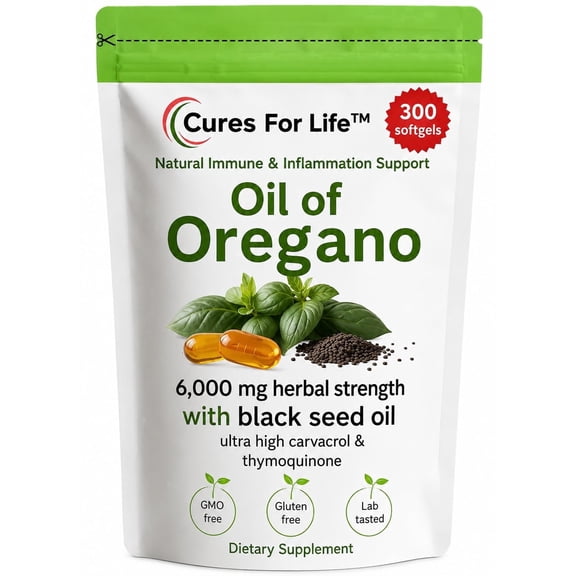 Oil of Oregano Softgels – 6000mg High Potency with 165mg Carvacrol & 200mg Black Seed Oil – 2-in-1 Immune Support & Digestive Health – 300 Softgels – Oregano Oil Capsules Supplement