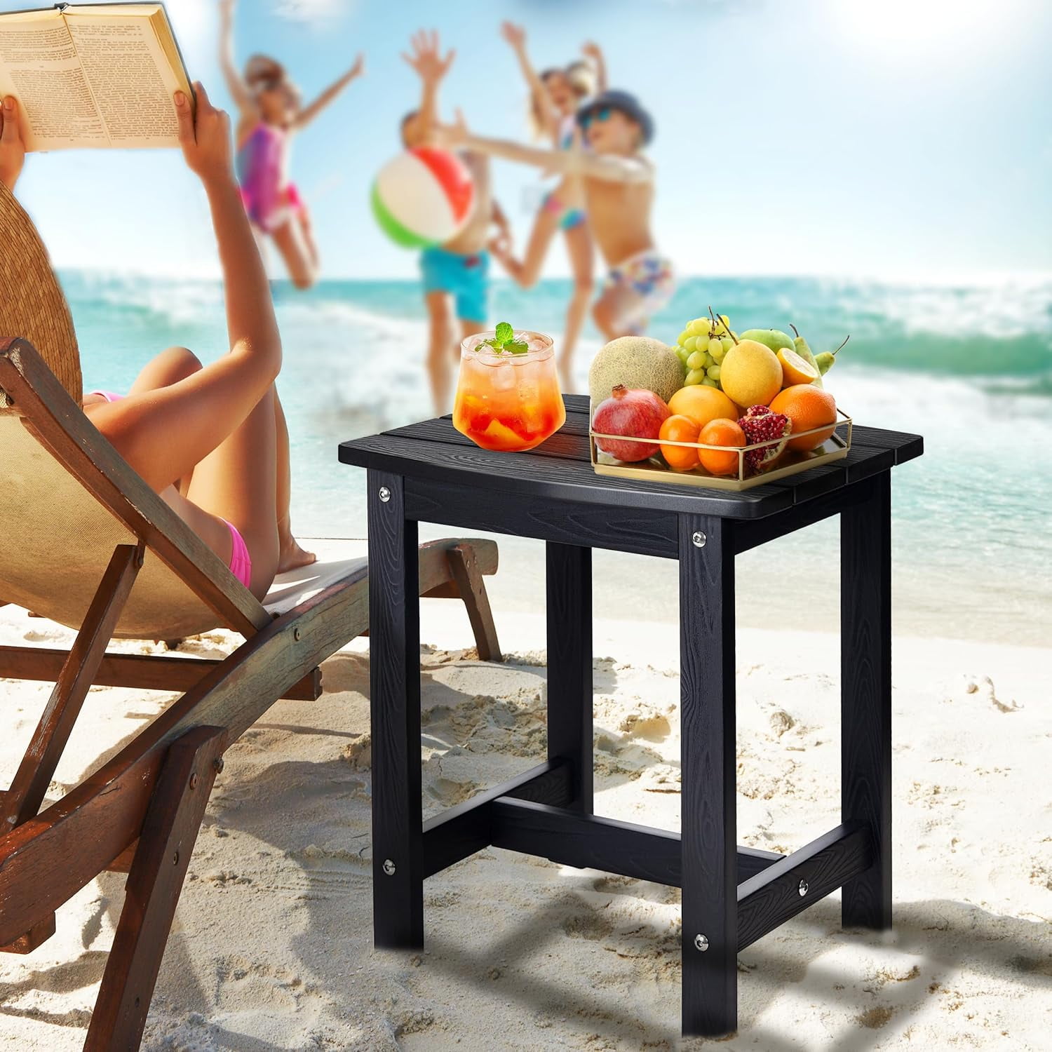 Y&M Outdoor Side Table, HDPE Patio End Table for Adirondack Chair, Weather Resistant Small Accent Table, Black, 2 Pack