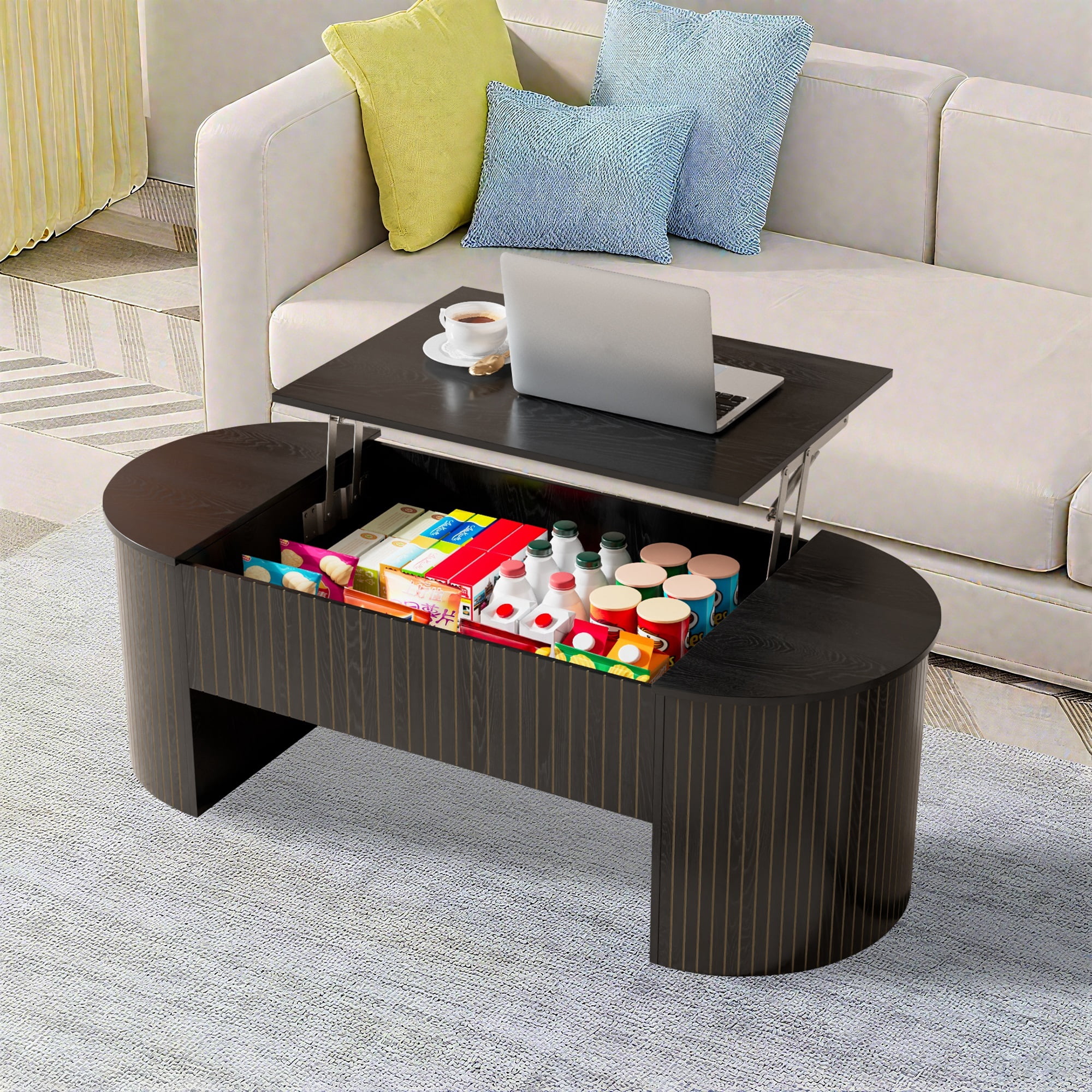 Lift Top Coffee Table with Storage, Oval Center Table with Hidden Compartment, Modern Coffee Table for Living Room, Black