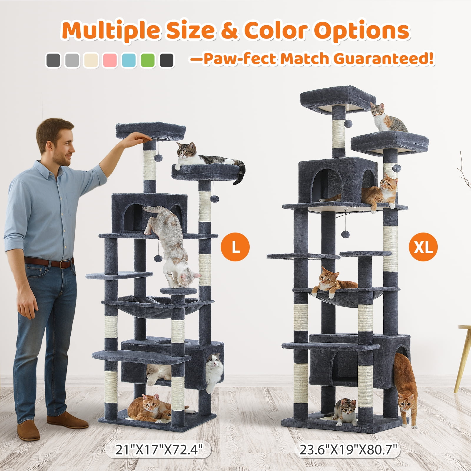 Pefilos 81" Tall Cat Tree for Large Cats, Heavy Duty Cat Tower with 2 Perches, 2 Condos and Spacious Hammock, Large Condo with 7 Scratching Posts, Dark Gray