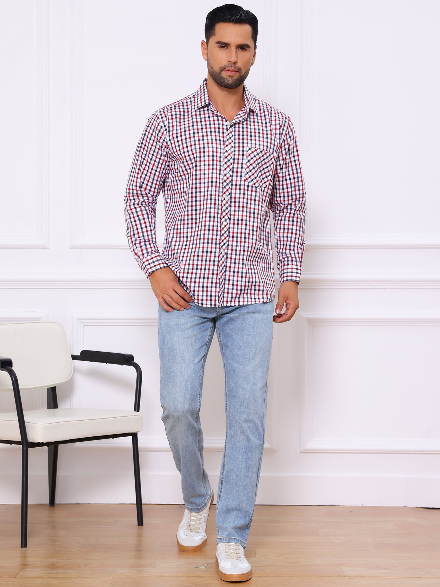 DARING DIVA Men's Long Sleeve Checked Shirt Point Collar Button Plaid Shirt L Red Blue