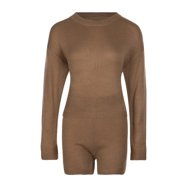 Female Knitted Suit Solid Color Loose Long Sleeve Round Neck Top + Short Pants