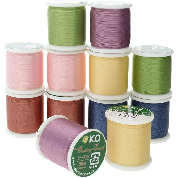 The Beadsmith KO Thread, Japanese Pre-Waxed 100% Nylon Beading Thread, 12 Color Assortment, 330TEX, Tangle Resistant Knotting Cords, 50 Meters, Use for Seed Bead Projects, Loom Work, Bead Weaving
