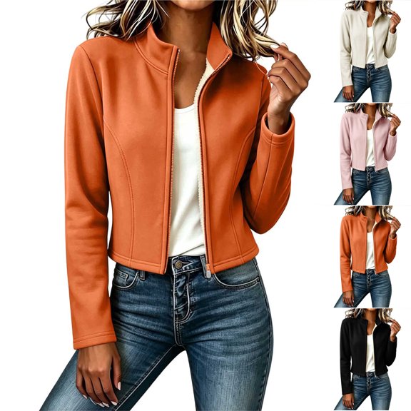 Women's Jacket Dqueduo Women's Solid Color Long Sleeve Warm Windproof Stand Collar Slim Outdoor Running Coat Jacket Orange L