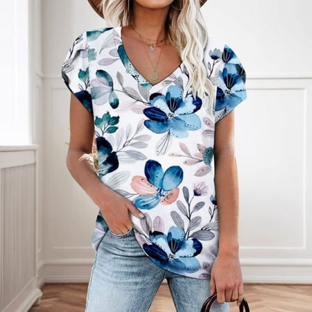 

Summer Petal Sleeve Floral Tops for Women Casual V Neck Tshirts Loose Comfy Blouse Lightweight Cute Tops